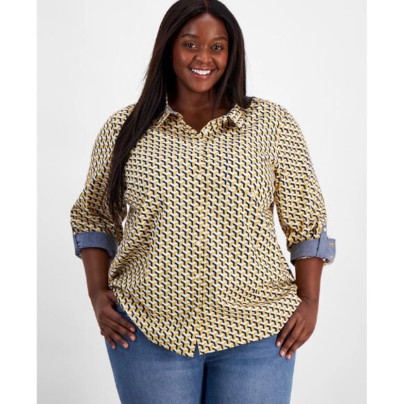 Tommy Hilfiger Women's Cotton Printed Roll-Tab Shirt Yellow/Blue/White 3X NWT - Picture 1 of 5